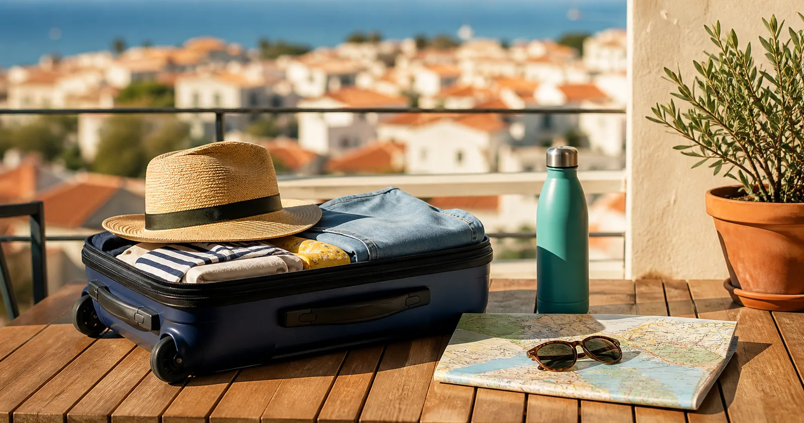 Kleiner Koffer und Reiseutensilien auf einem sonnigen Balkon