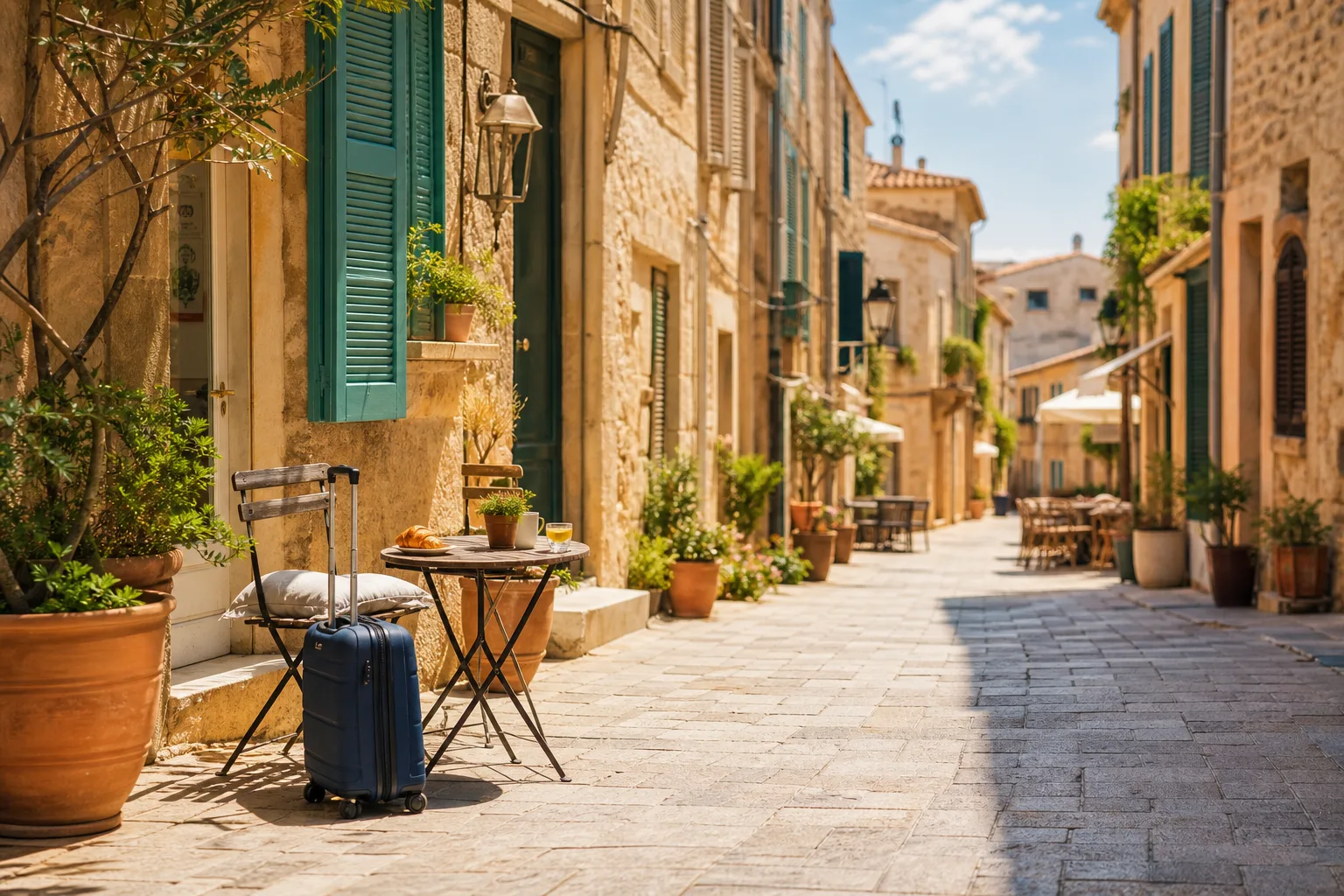 Mediterrane Gasse mit Cafe-Tischen im warmen Morgenlicht