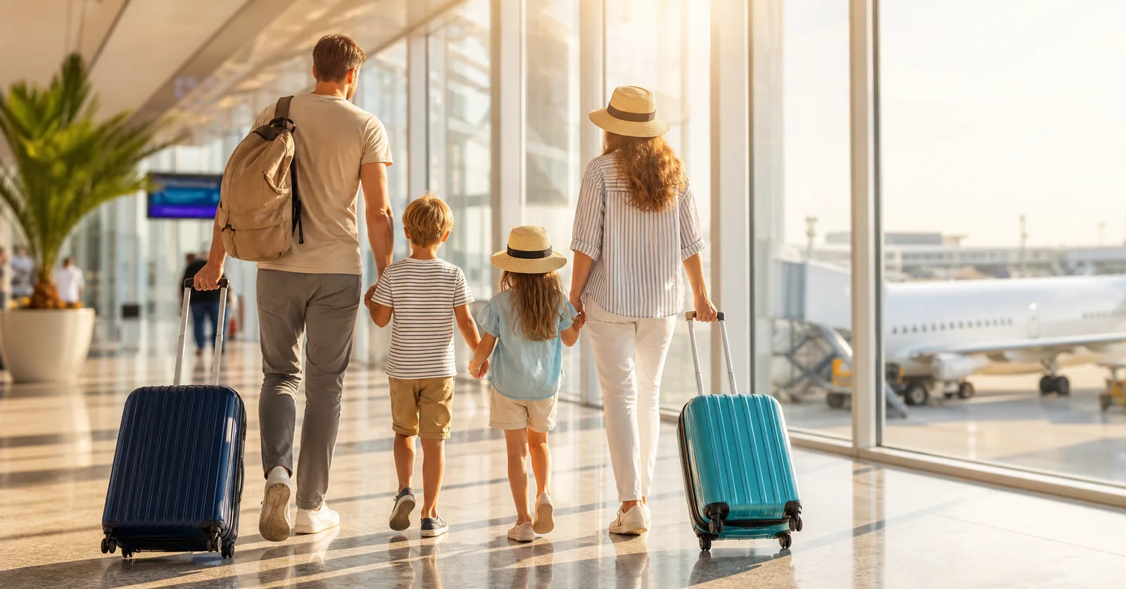 Familie mit Koffern in einem hellen Flughafen-Terminal