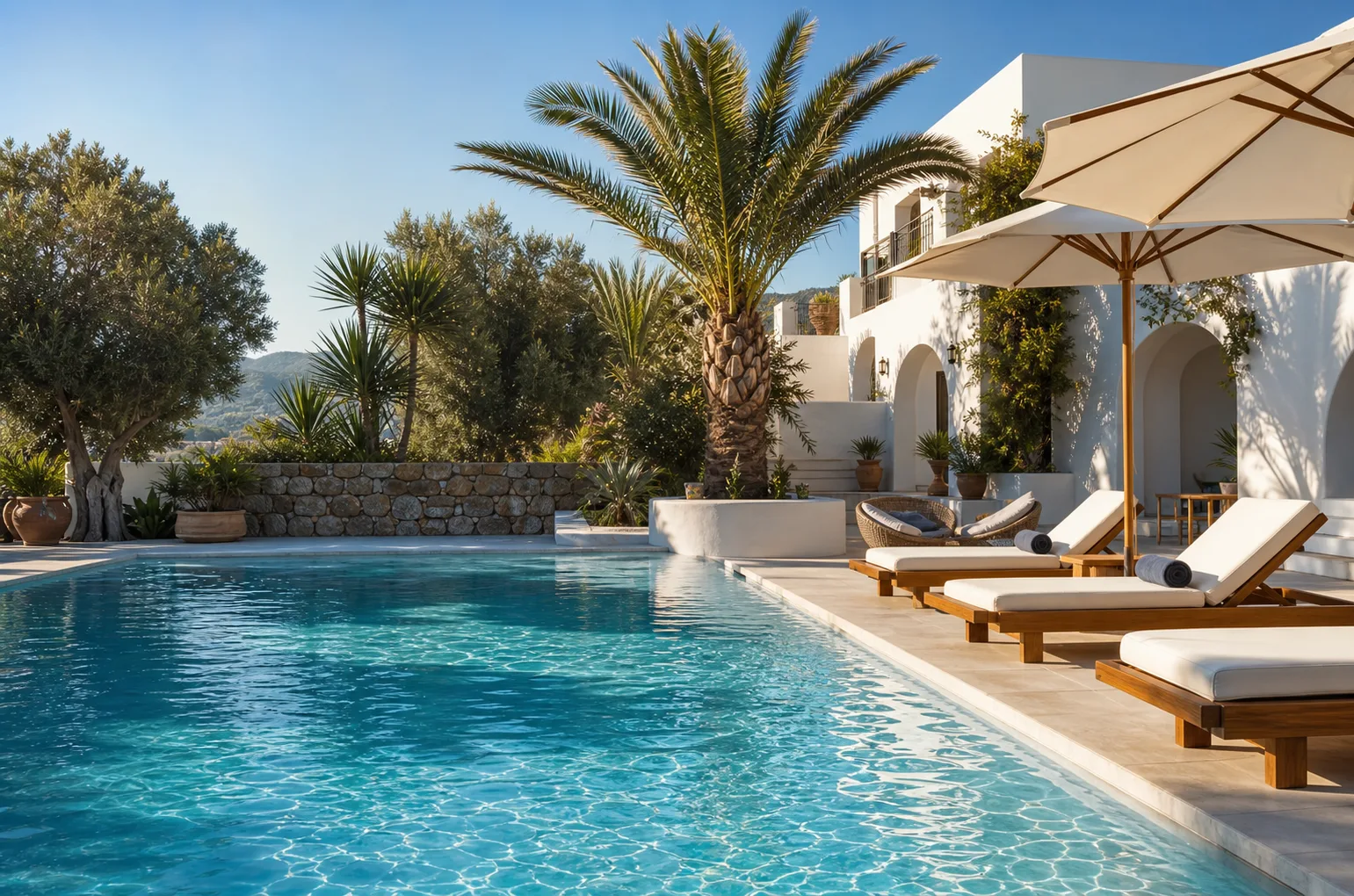 Sonniger Hotelpool in einer mediterranen Anlage