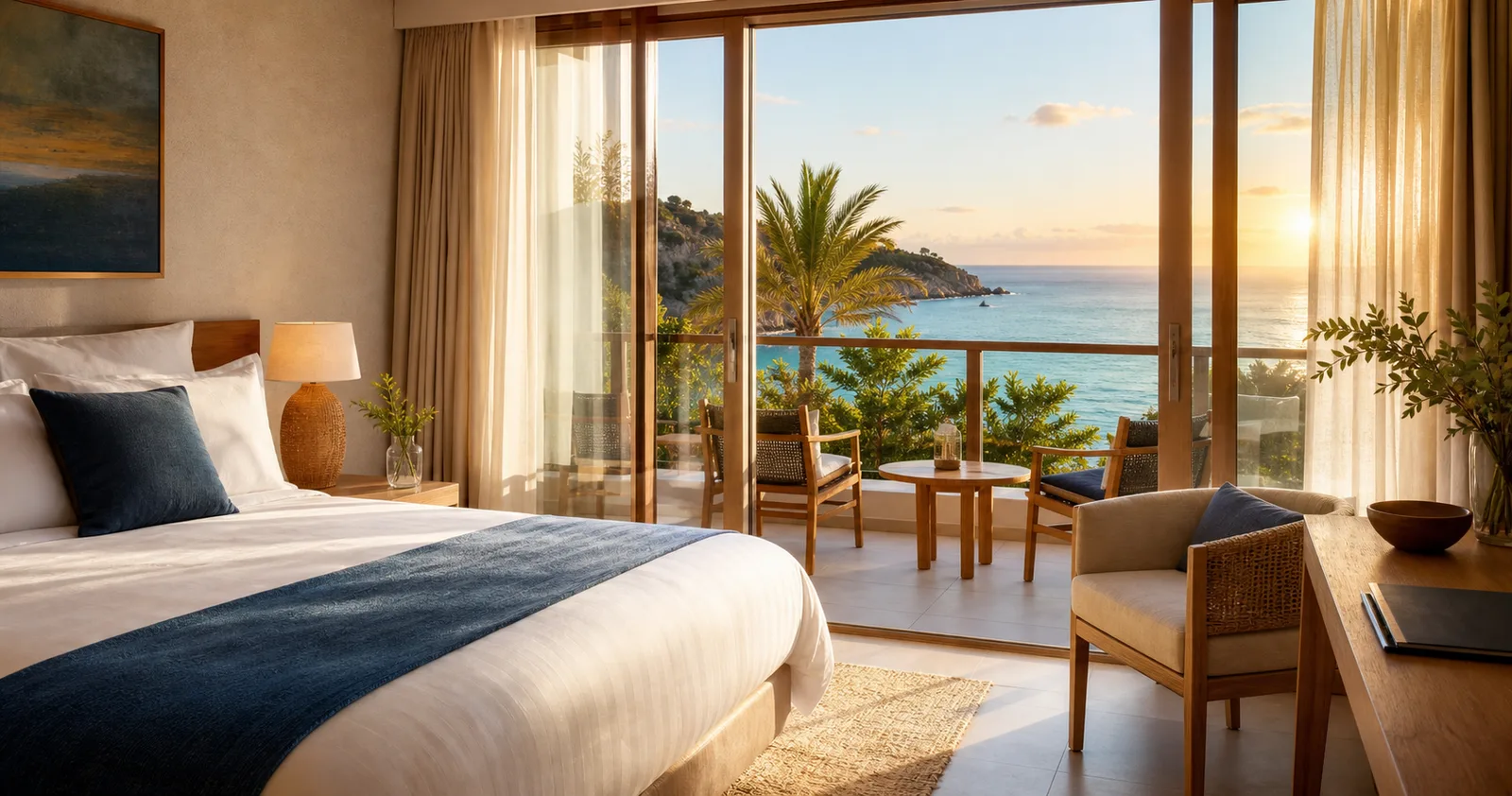 Helles Hotelzimmer mit Balkon und Blick auf das Meer