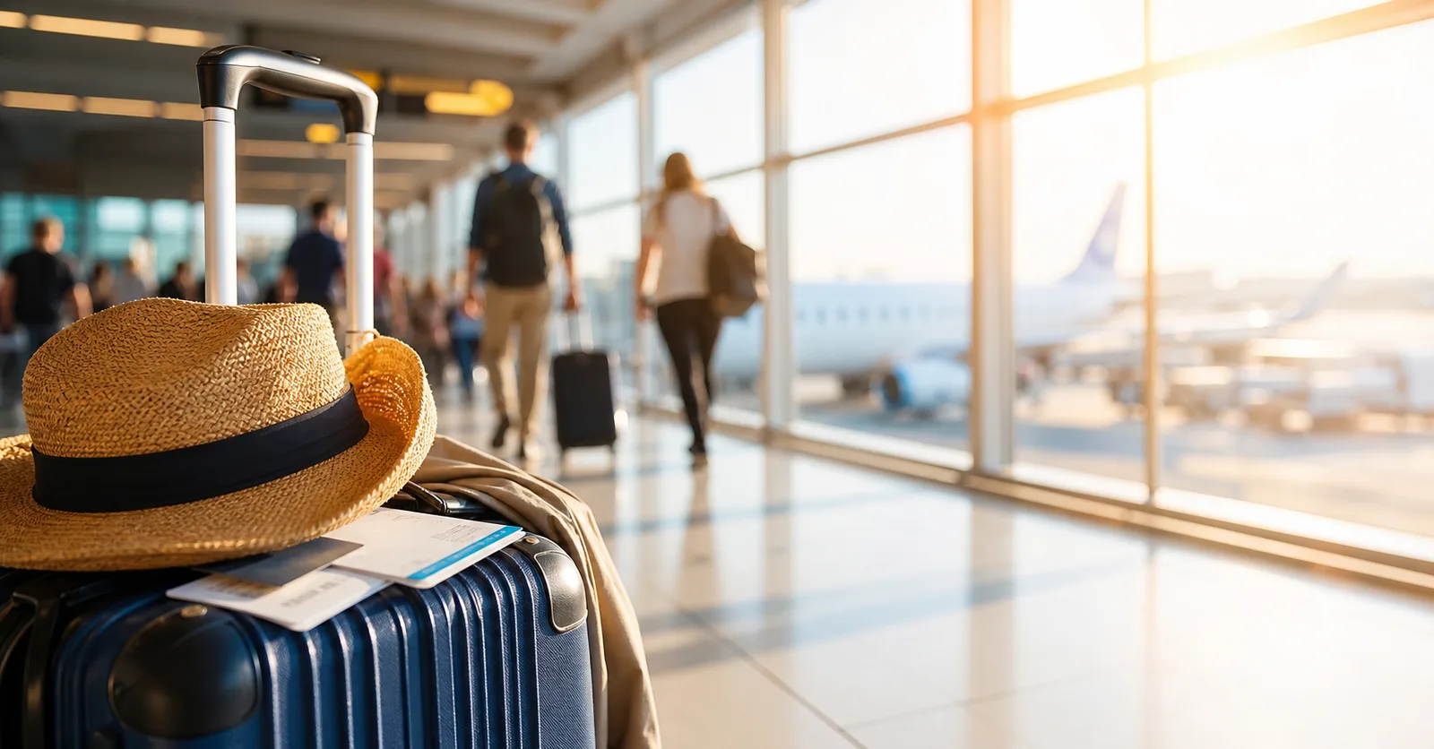 Koffer in einem hellen Flughafen-Terminal vor dem Abflug