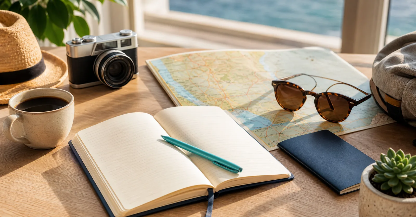 Reiseplanung mit Notizbuch, Karte und Sonnenbrille auf einem hellen Tisch