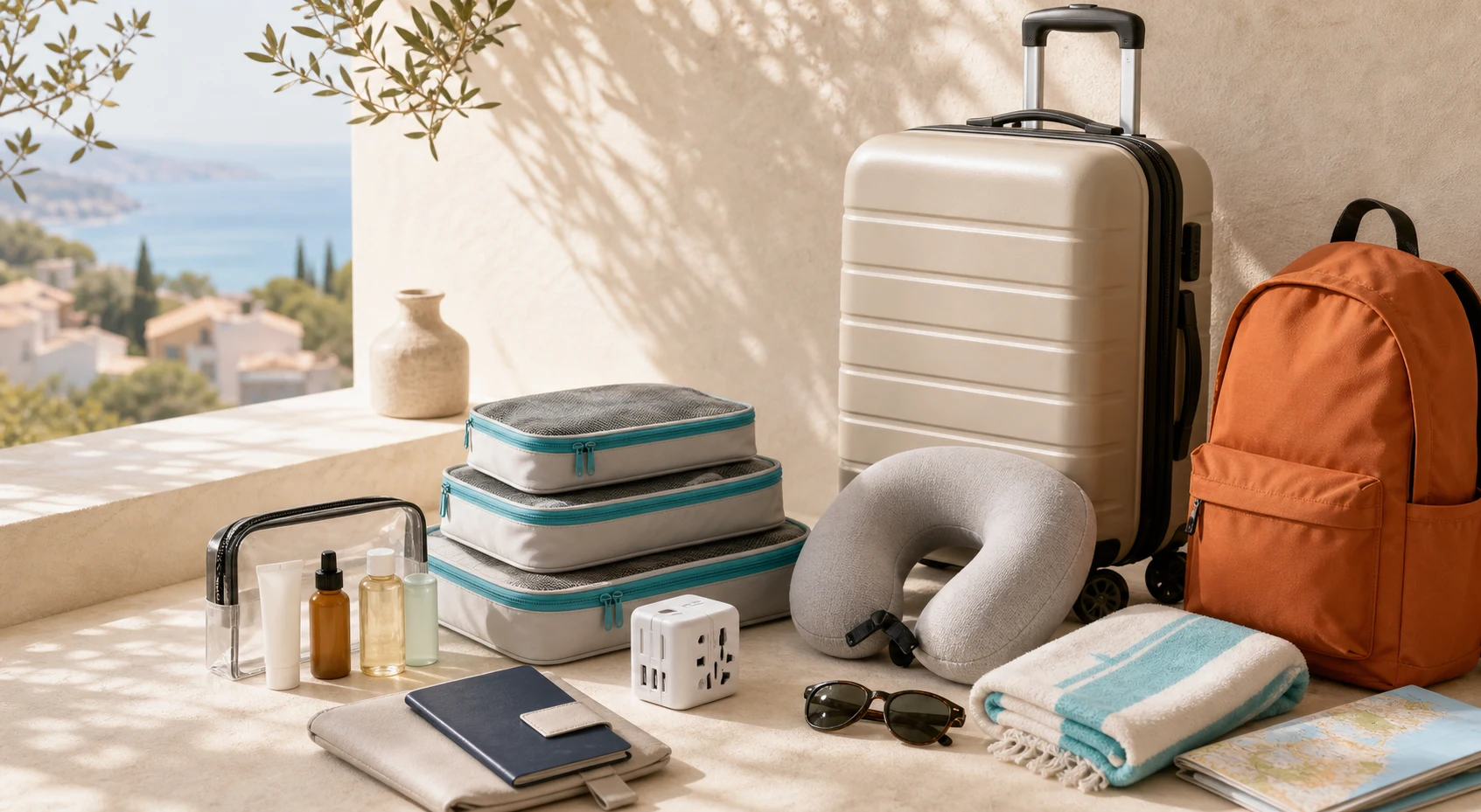Neutrale Reiseprodukte wie Koffer, Packtaschen, Nackenkissen und Kulturbeutel in sonniger Umgebung