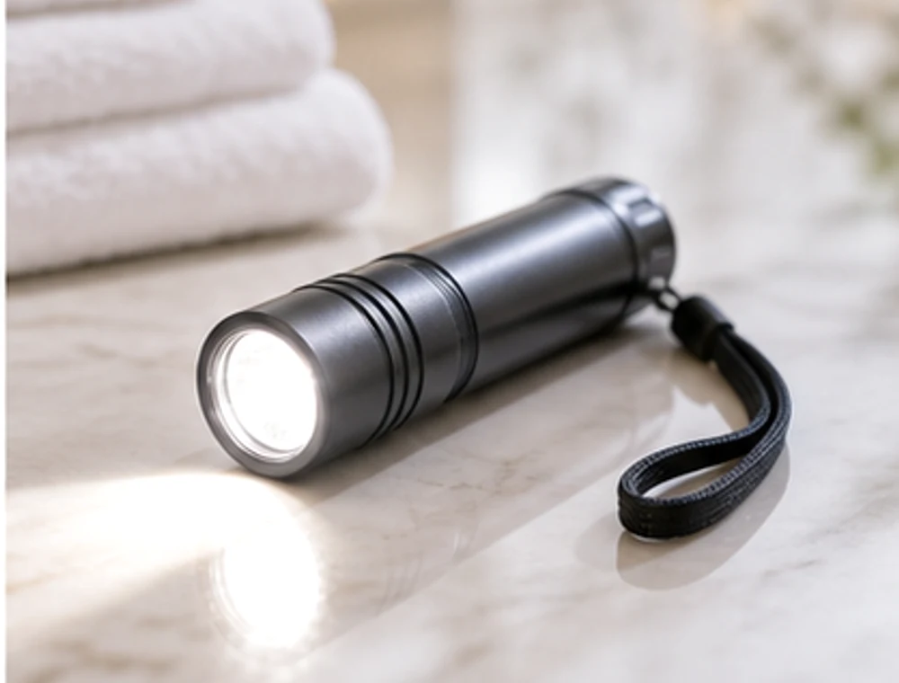 Kompakte Taschenlampe als neutrales Reiseproduktbild